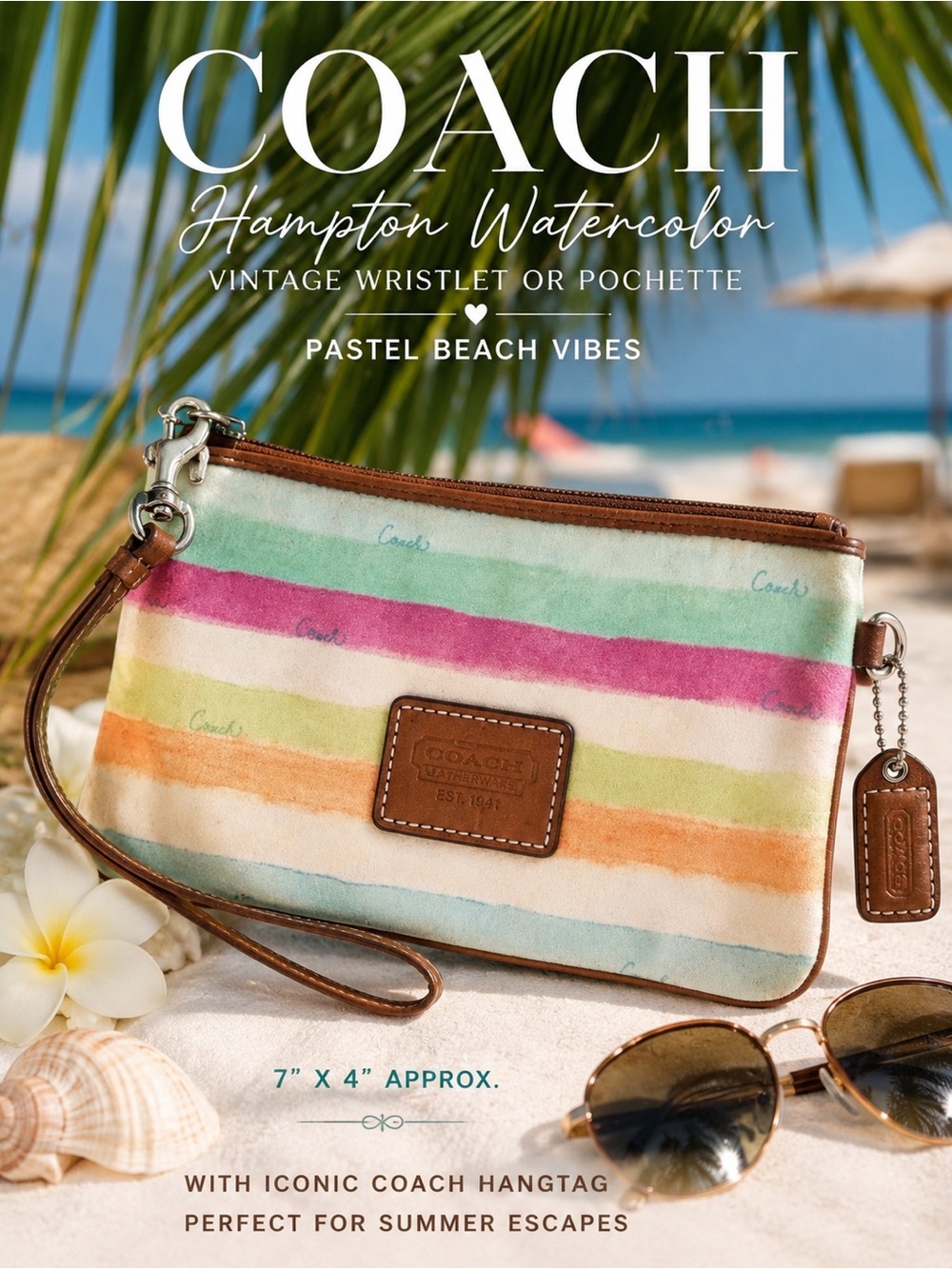 Coach Hampton Watercolor Wristlet • Vintage Pastel Resort Pouch • Beach Vacation